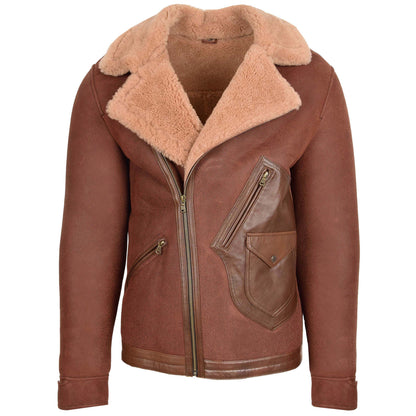 Mens Sheepskin Aviator Jacket Cross Zip Biker Style Dustin Brown Ginger - genuine sheepskin jacket in brown ginger with three outer pockets