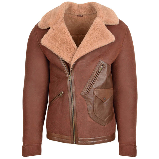 Mens Sheepskin Aviator Jacket Cross Zip Biker Style Dustin Brown Ginger - genuine sheepskin jacket in brown ginger with three outer pockets