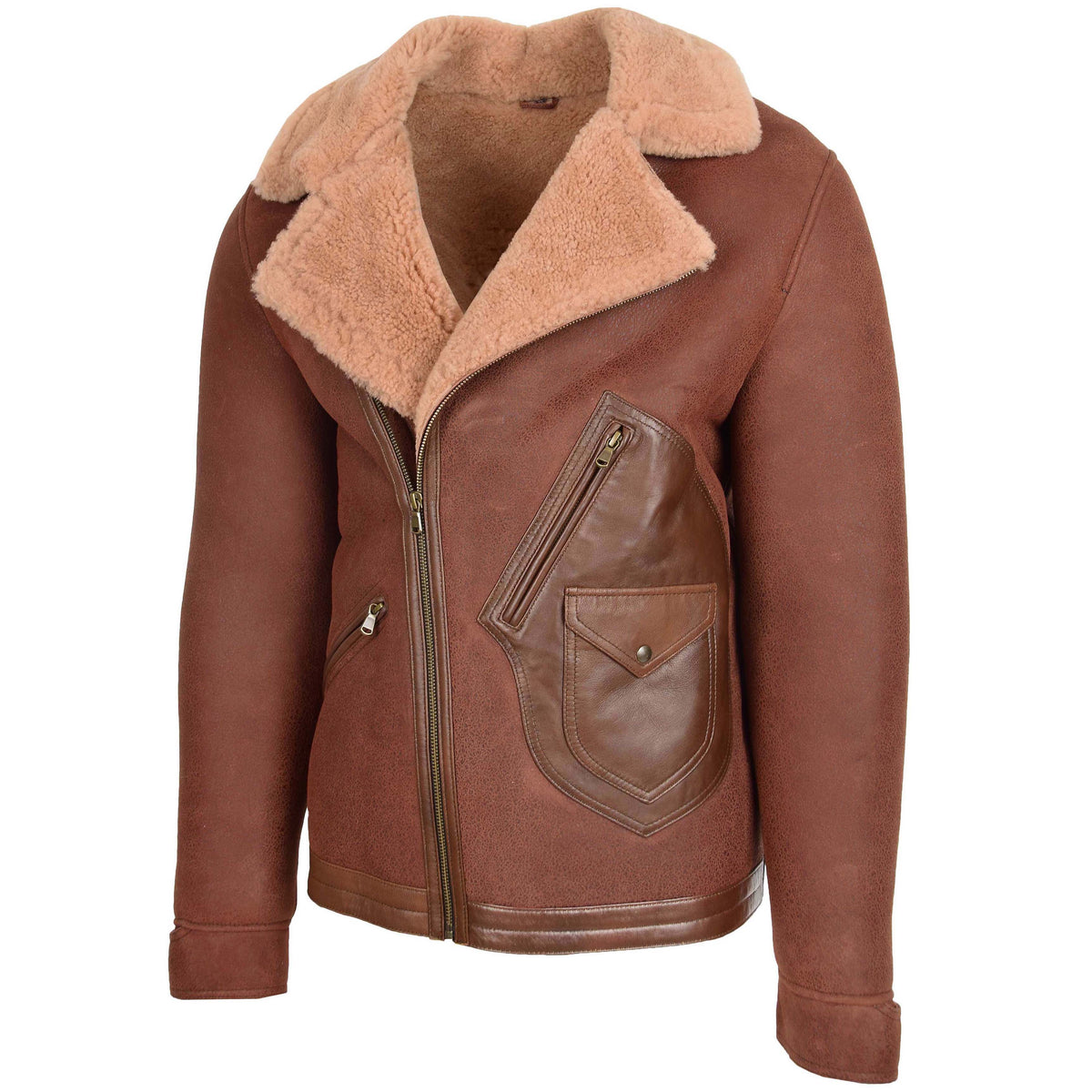 Mens Sheepskin Aviator Jacket Cross Zip Biker Style Dustin Brown Ginger - genuine sheepskin jacket in brown ginger with biker