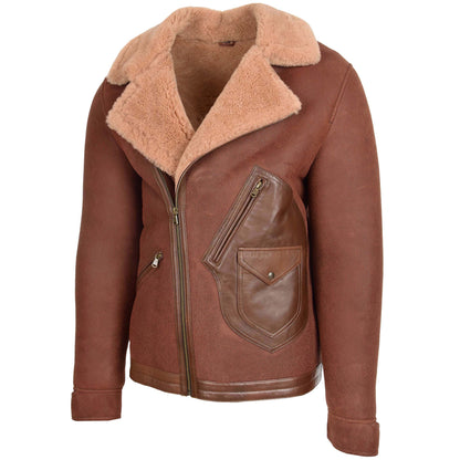 Mens Sheepskin Aviator Jacket Cross Zip Biker Style Dustin Brown Ginger - genuine sheepskin jacket in brown ginger with biker