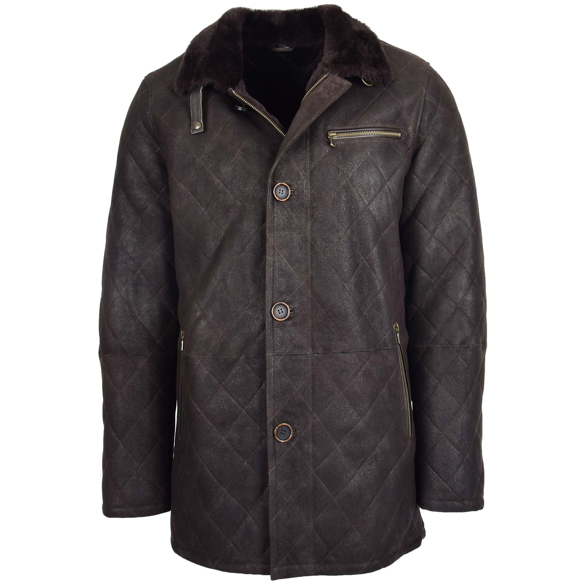 Mens Sheepskin Jacket Cross Stitch Anorak Edwin Dark Brown - genuine sheepskin jacket in dark brown with three outer pockets