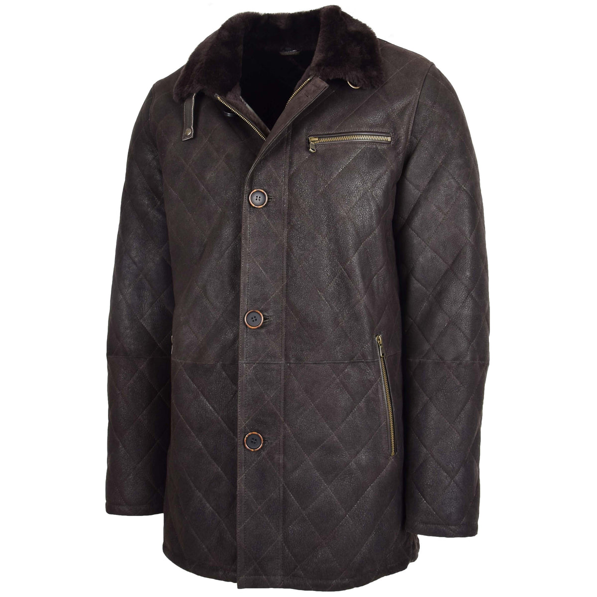 Mens Sheepskin Jacket Cross Stitch Anorak Edwin Dark Brown - genuine sheepskin jacket in dark brown with three outer pockets