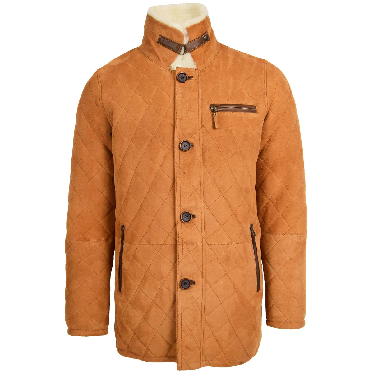 Mens Sheepskin Jacket Cross Stitch Anorak Edwin Tan White - genuine sheepskin jacket in tan white with three outer pockets