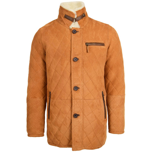 Mens Sheepskin Jacket Cross Stitch Anorak Edwin Tan White - genuine sheepskin jacket in tan white with three outer pockets