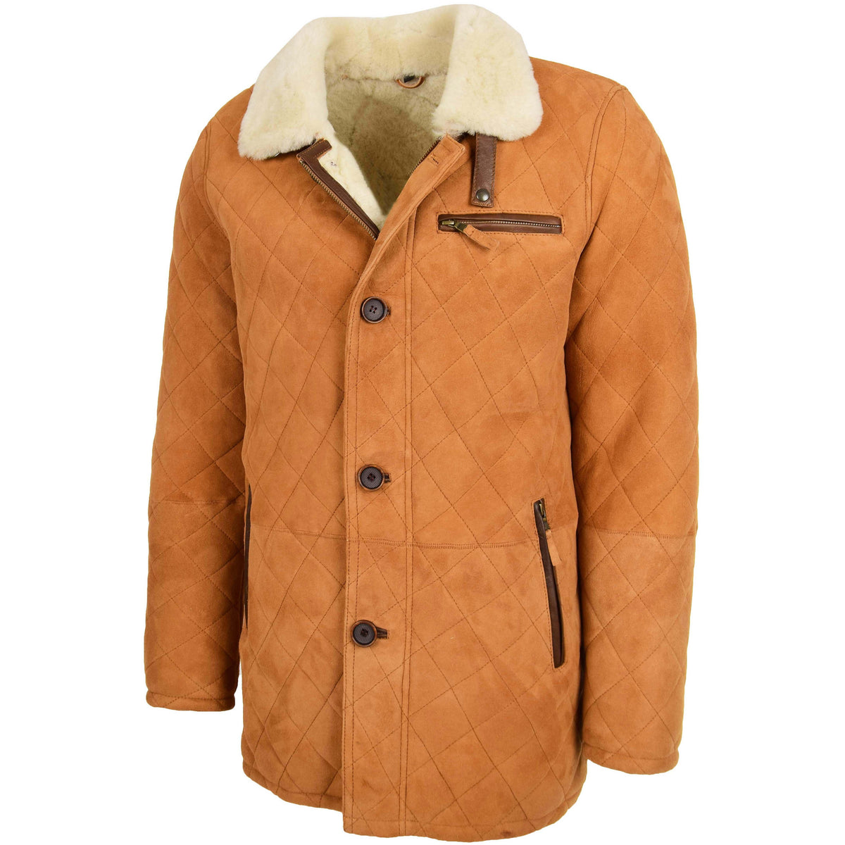 Mens Sheepskin Jacket Cross Stitch Anorak Edwin Tan White - genuine sheepskin jacket in tan white with three outer pockets