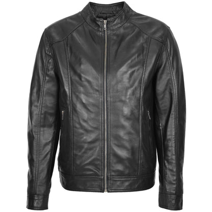 Mens Soft Leather Casual Plain Zip Jacket Matt Black - genuine leather jacket in black with two outer pockets