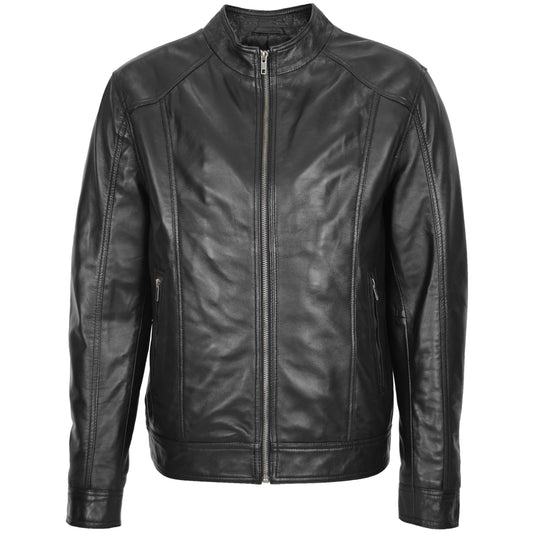 Mens Soft Leather Casual Plain Zip Jacket Matt Black - genuine leather jacket in black with two outer pockets