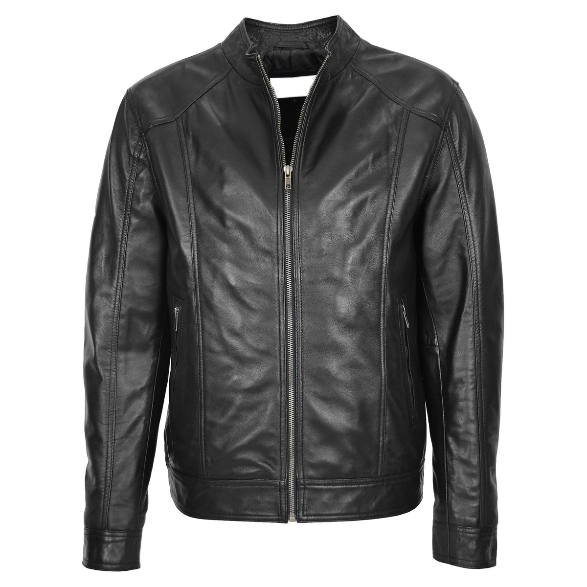 Mens Soft Leather Casual Plain Zip Jacket Matt Black - genuine leather jacket in black with two outer pockets