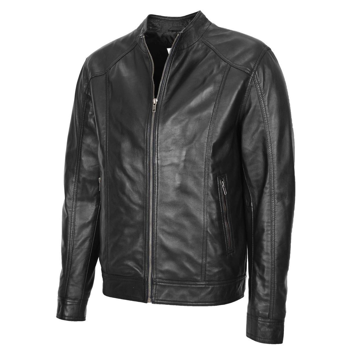Mens Soft Leather Casual Plain Zip Jacket Matt Black - genuine leather jacket in black with two outer pockets