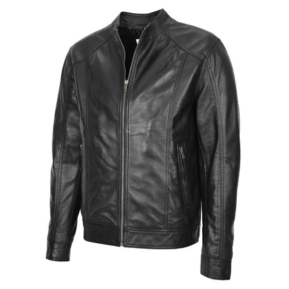 Mens Soft Leather Casual Plain Zip Jacket Matt Black - genuine leather jacket in black with two outer pockets