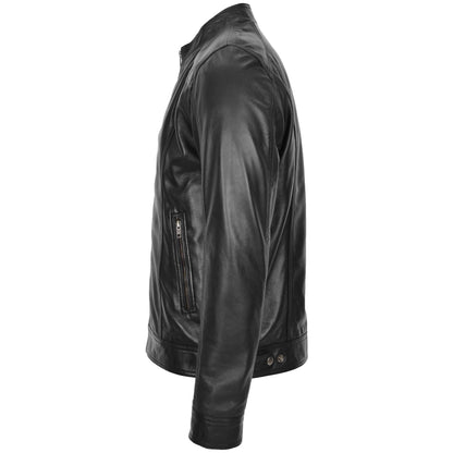 Mens Soft Leather Casual Plain Zip Jacket Matt Black - genuine leather jacket in black with two outer pockets