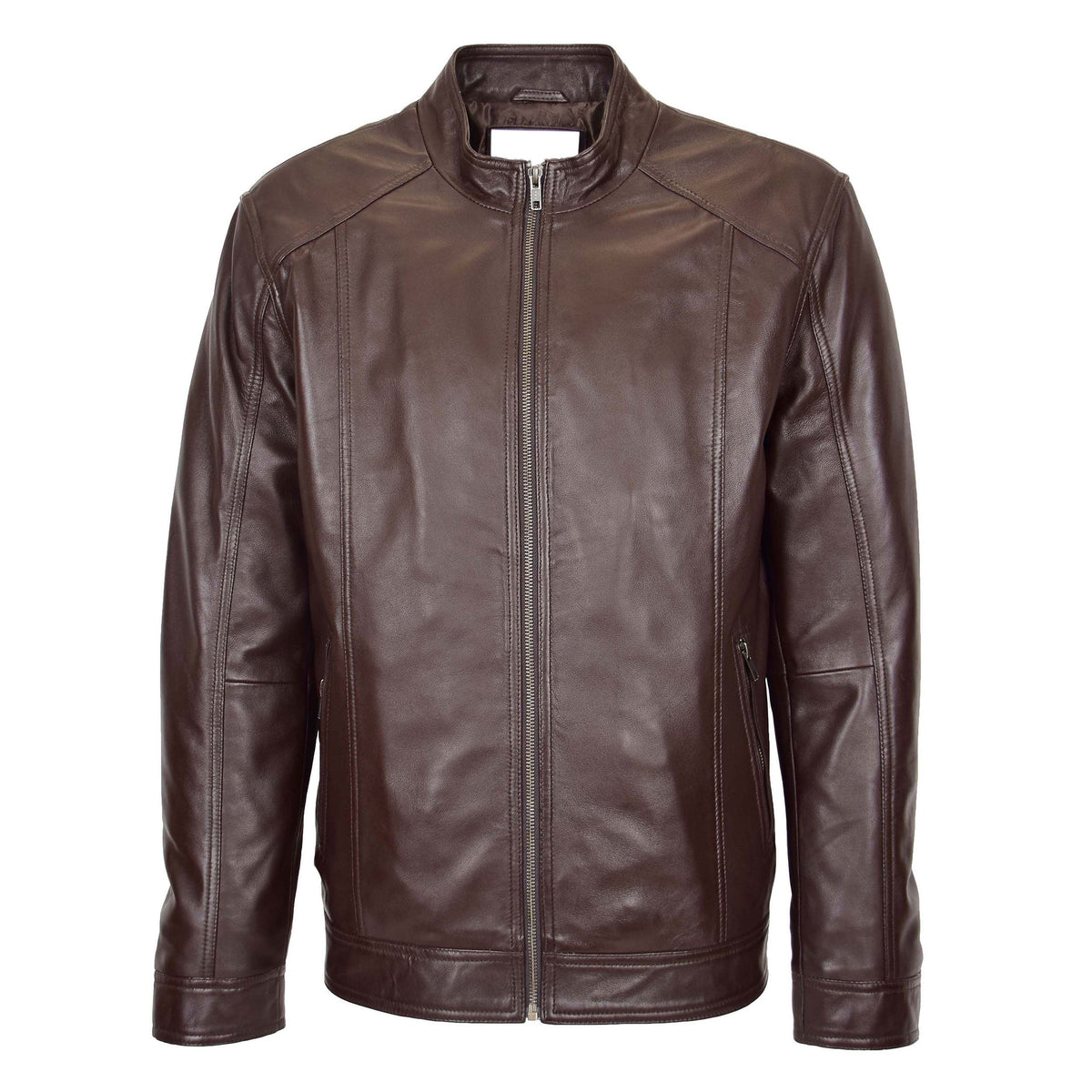 Mens Soft Leather Casual Plain Zip Jacket Matt Brown - genuine leather jacket in brown with two outer pockets