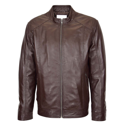 Mens Soft Leather Casual Plain Zip Jacket Matt Brown - genuine leather jacket in brown with two outer pockets