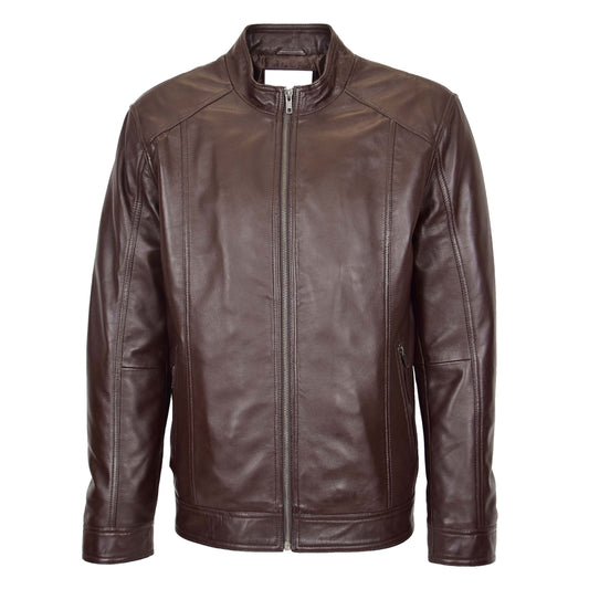 Mens Soft Leather Casual Plain Zip Jacket Matt Brown - genuine leather jacket in brown with two outer pockets