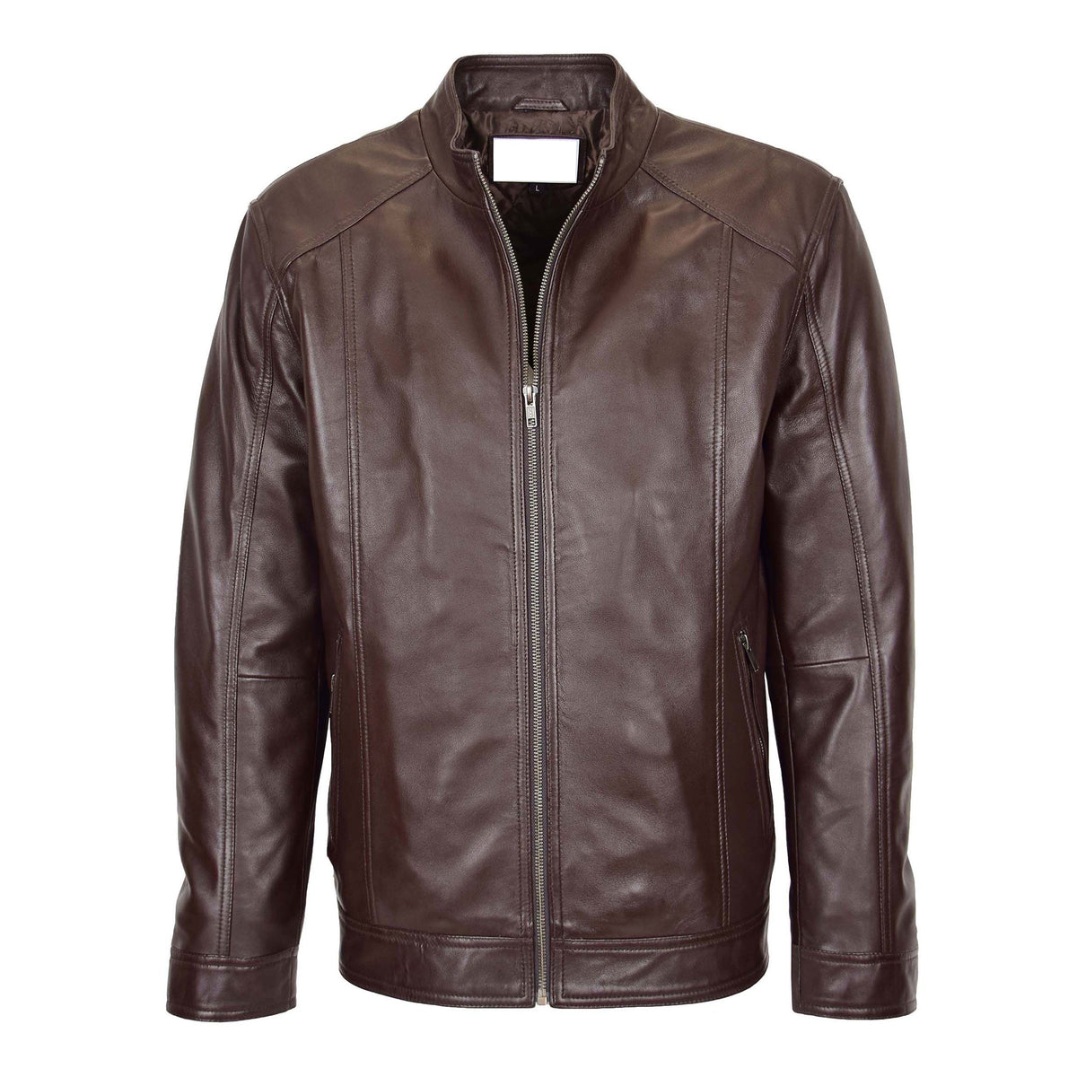 Mens Soft Leather Casual Plain Zip Jacket Matt Brown - genuine leather jacket in brown with two outer pockets