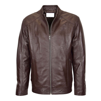 Mens Soft Leather Casual Plain Zip Jacket Matt Brown - genuine leather jacket in brown with two outer pockets