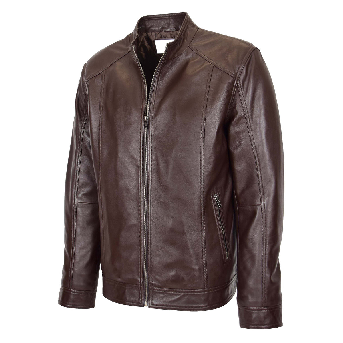 Mens Soft Leather Casual Plain Zip Jacket Matt Brown - genuine leather jacket in brown with two outer pockets