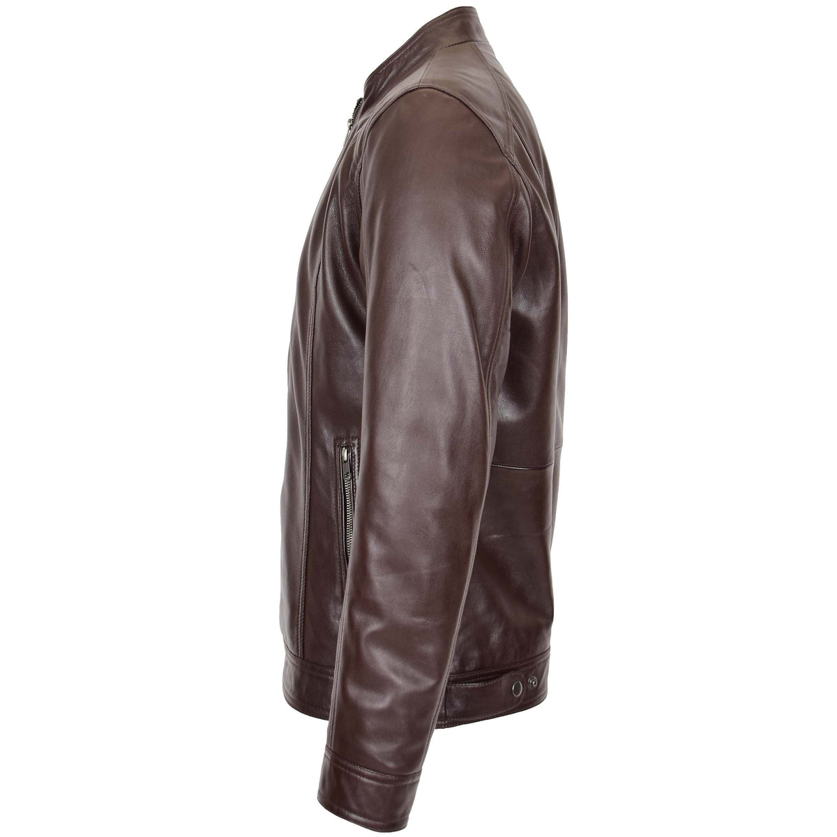 Mens Soft Leather Casual Plain Zip Jacket Matt Brown - genuine leather jacket in brown with two outer pockets