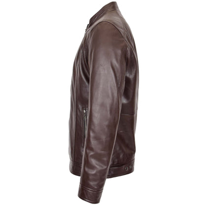 Mens Soft Leather Casual Plain Zip Jacket Matt Brown - genuine leather jacket in brown with two outer pockets