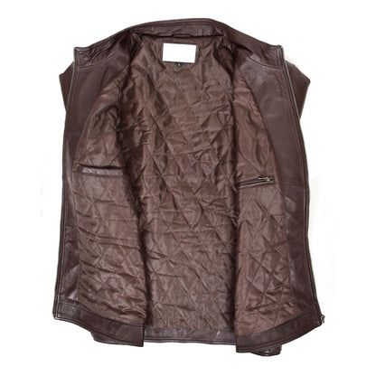 Mens Soft Leather Casual Plain Zip Jacket Matt Brown - genuine leather jacket in brown with two outer pockets