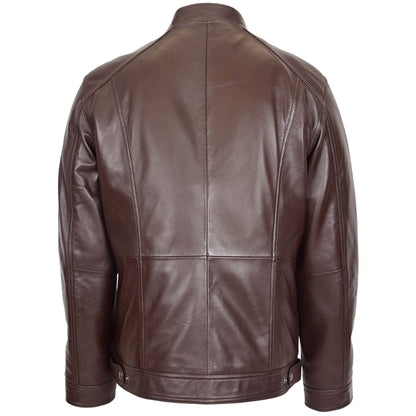 Mens Soft Leather Casual Plain Zip Jacket Matt Brown - genuine leather jacket in brown with two outer pockets