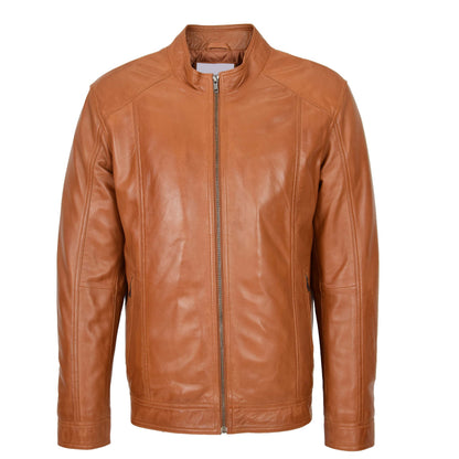 Mens Soft Leather Casual Plain Zip Jacket Matt Tan - genuine leather jacket in tan with two outer pockets