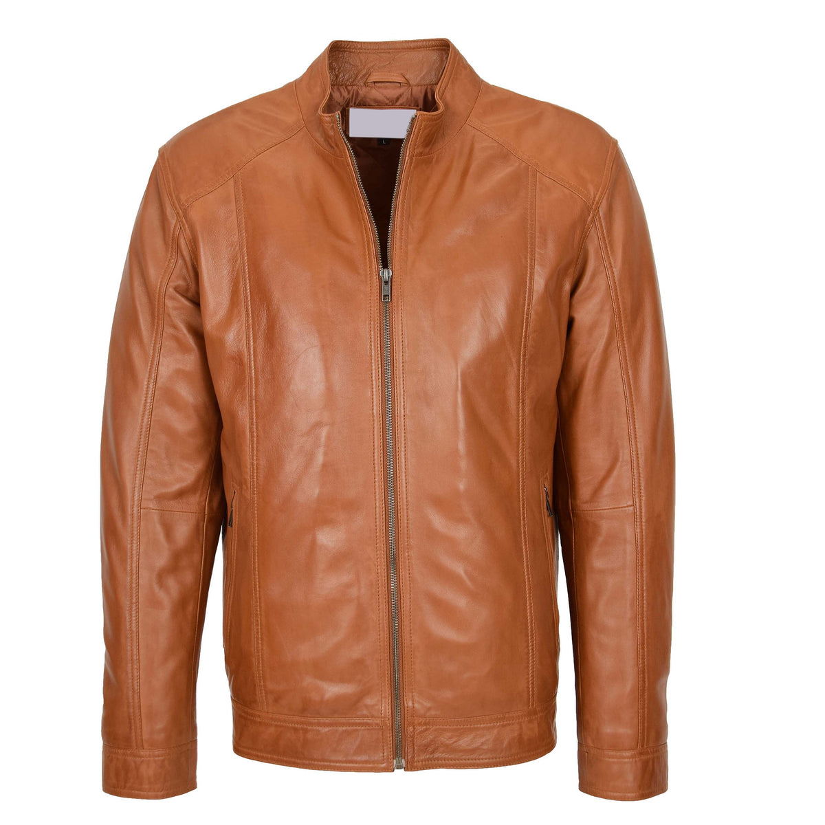 Mens Soft Leather Casual Plain Zip Jacket Matt Tan - genuine leather jacket in tan with two outer pockets