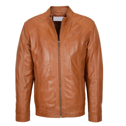 Mens Soft Leather Casual Plain Zip Jacket Matt Tan - genuine leather jacket in tan with two outer pockets