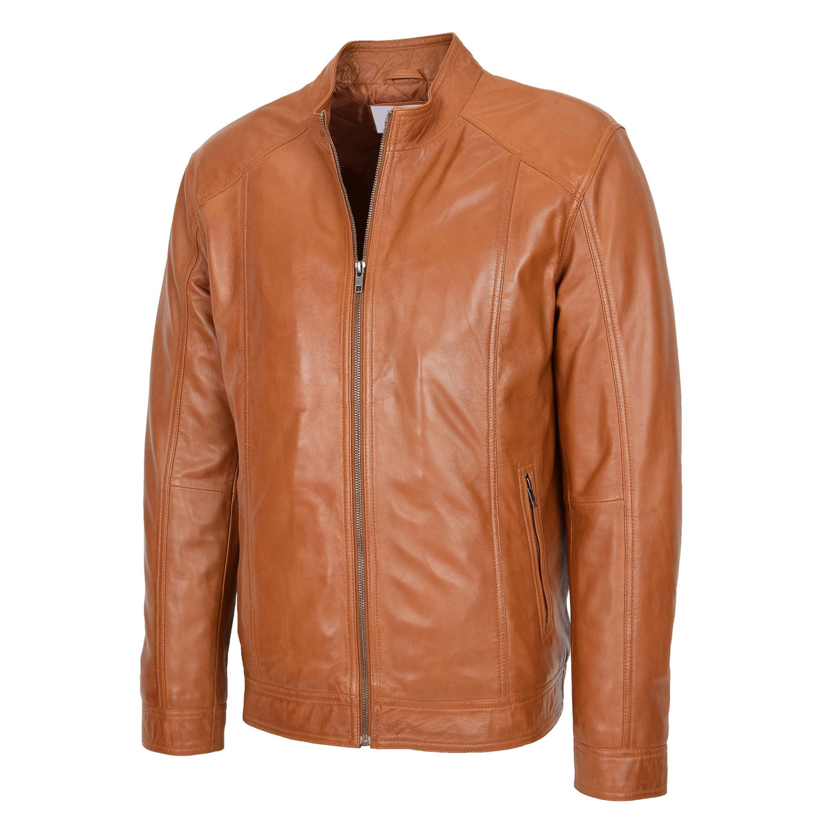 Mens Soft Leather Casual Plain Zip Jacket Matt Tan - genuine leather jacket in tan with two outer pockets