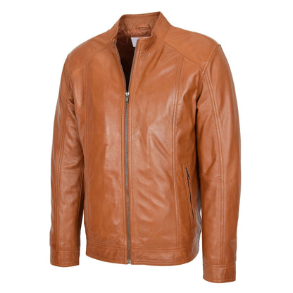 Mens Soft Leather Casual Plain Zip Jacket Matt Tan - genuine leather jacket in tan with two outer pockets