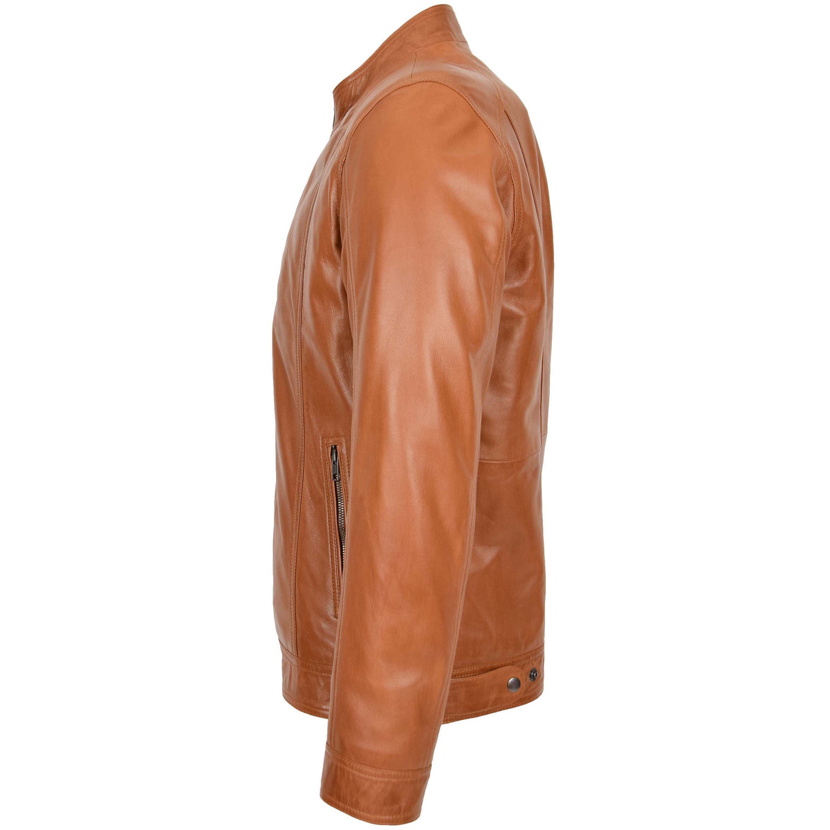 Mens Soft Leather Casual Plain Zip Jacket Matt Tan - genuine leather jacket in tan with two outer pockets