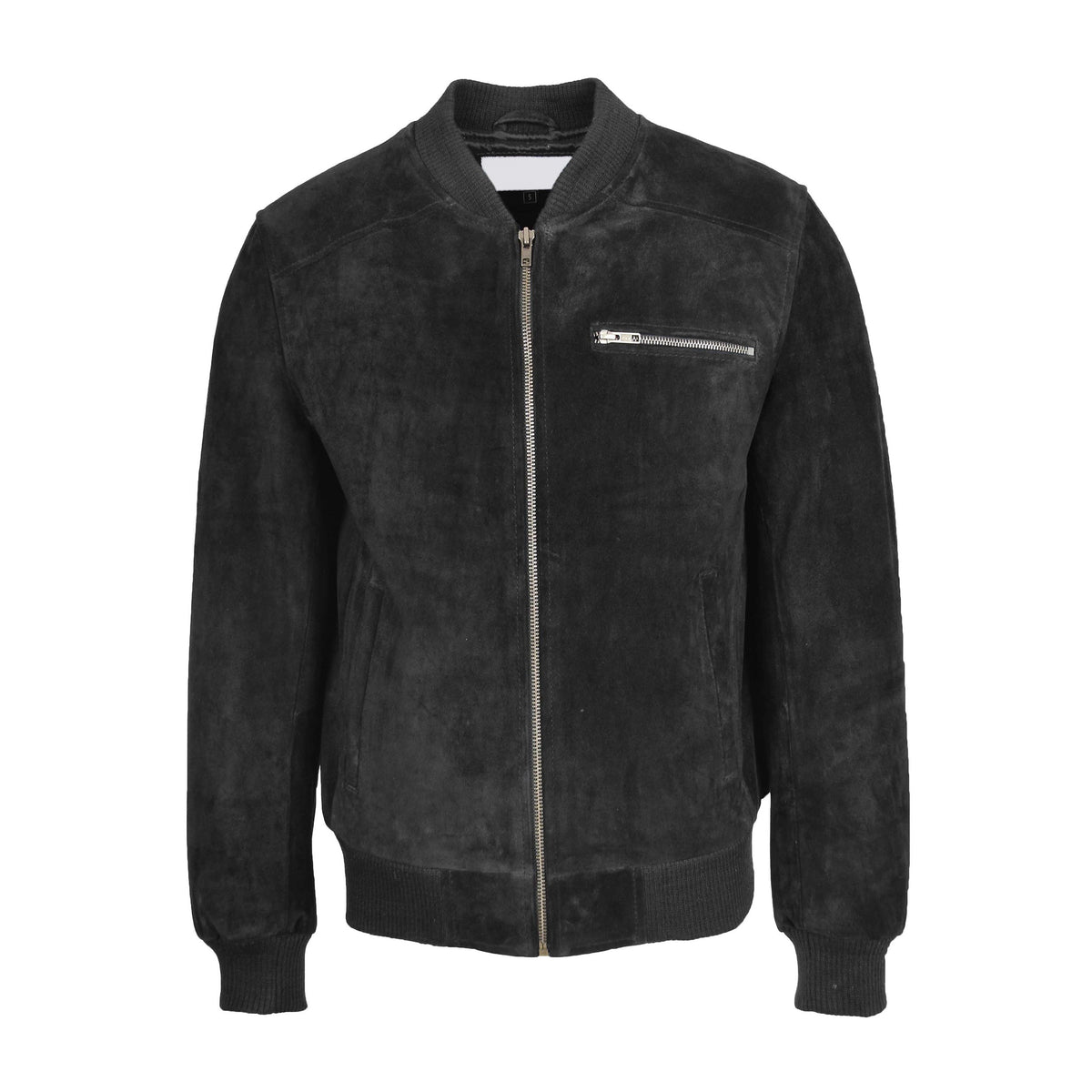 Mens Suede Bomber Varsity Jacket Reg Black - genuine suede jacket in black with three outer pockets