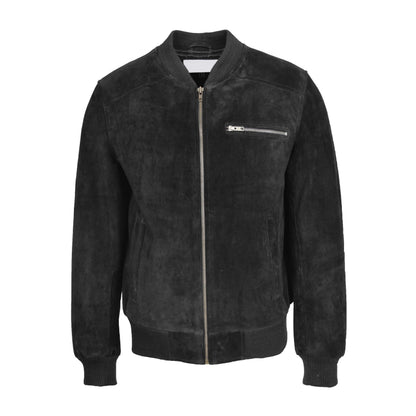 Mens Suede Bomber Varsity Jacket Reg Black - genuine suede jacket in black with three outer pockets