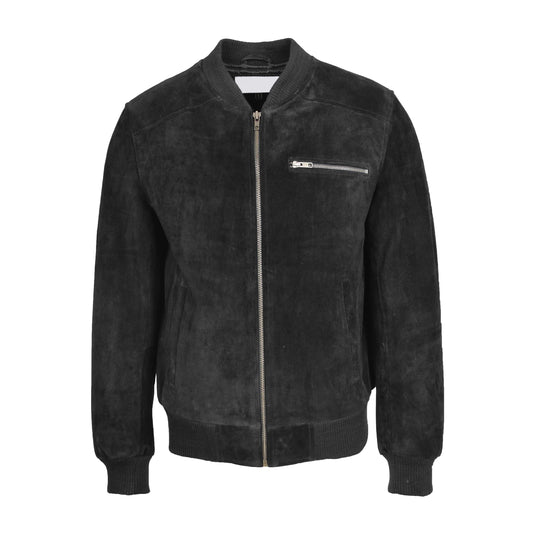 Mens Suede Bomber Varsity Jacket Reg Black - genuine suede jacket in black with three outer pockets