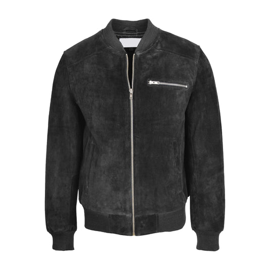 Mens Suede Bomber Varsity Jacket Reg Black - genuine suede jacket in black with bomber