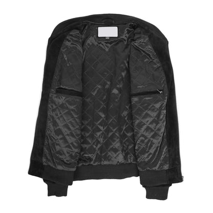 Mens Suede Bomber Varsity Jacket Reg Black - genuine suede jacket in black with three outer pockets