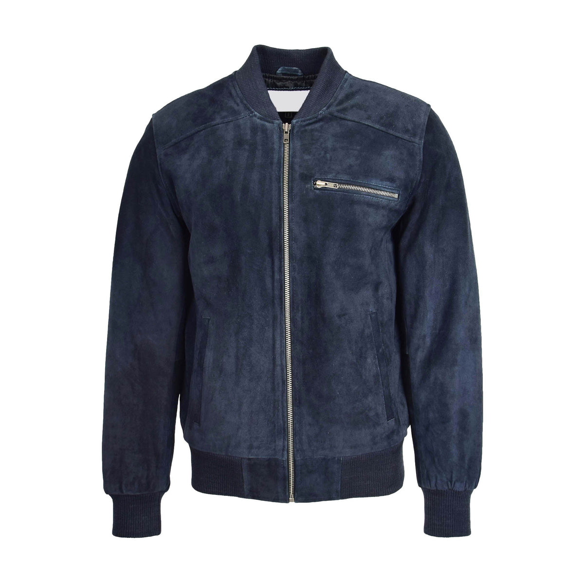 Mens Suede Bomber Varsity Jacket Reg Blue - genuine suede jacket in blue with three outer pockets