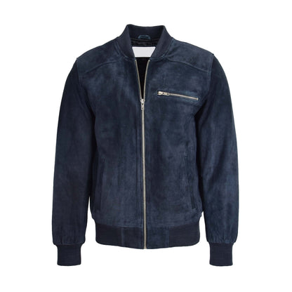 Mens Suede Bomber Varsity Jacket Reg Blue - genuine suede jacket in blue with bomber