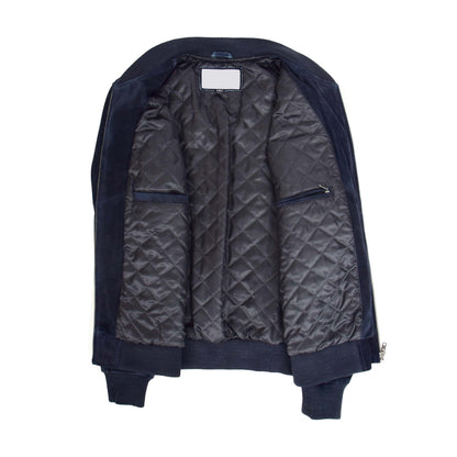 Mens Suede Bomber Varsity Jacket Reg Blue - genuine suede jacket in blue with three outer pockets