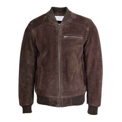 Mens Suede Bomber Varsity Jacket Reg Brown - genuine suede jacket in brown with three outer pockets