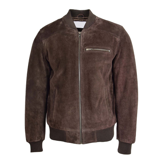 Mens Suede Bomber Varsity Jacket Reg Brown - genuine suede jacket in brown with three outer pockets