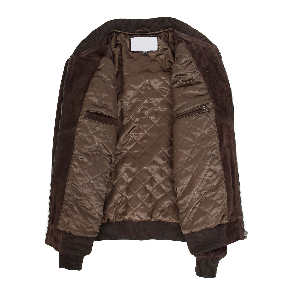 Mens Suede Bomber Varsity Jacket Reg Brown - genuine suede jacket in brown with three outer pockets