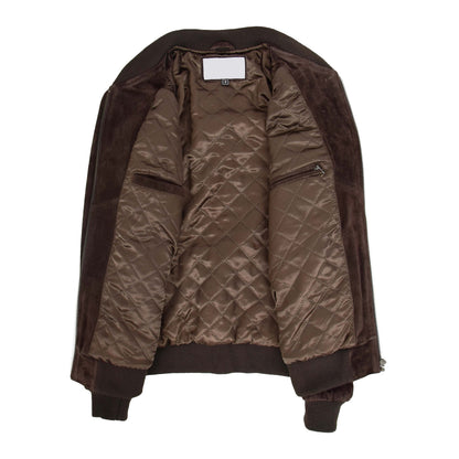 Mens Suede Bomber Varsity Jacket Reg Brown - genuine suede jacket in brown with three outer pockets