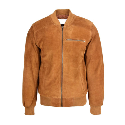 Mens Suede Bomber Varsity Jacket Reg Tan - genuine suede jacket in tan with three outer pockets