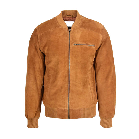 Mens Suede Bomber Varsity Jacket Reg Tan - genuine suede jacket in tan with three outer pockets