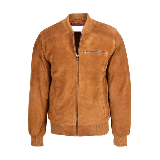 Mens Suede Bomber Varsity Jacket Reg Tan - genuine suede jacket in tan with bomber