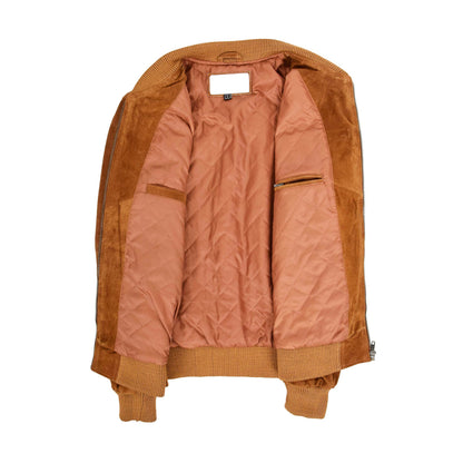 Mens Suede Bomber Varsity Jacket Reg Tan - genuine suede jacket in tan with three outer pockets