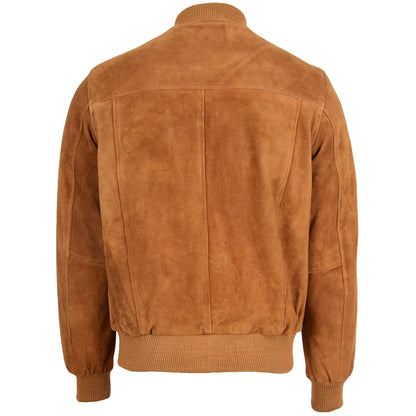 Mens Suede Bomber Varsity Jacket Reg Tan - genuine suede jacket in tan with bomber