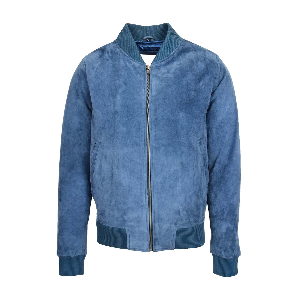 Mens Suede MA-1 Bomber Jacket Trevor Blue - genuine suede jacket in blue with two outer pockets