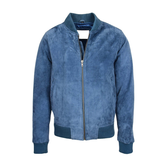 Mens Suede MA-1 Bomber Jacket Trevor Blue - genuine suede jacket in blue with bomber